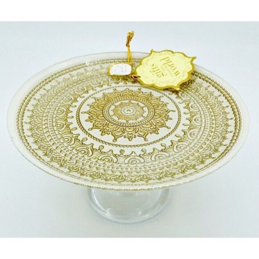 Turkish Glass White Cake Stand Glass Pedestal Dessert Platter Gold Lace 8.2"